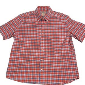 LL Bean Slightly Fitted Short Sleeve Plaid Button Down Shirt Red Blue Mens Large